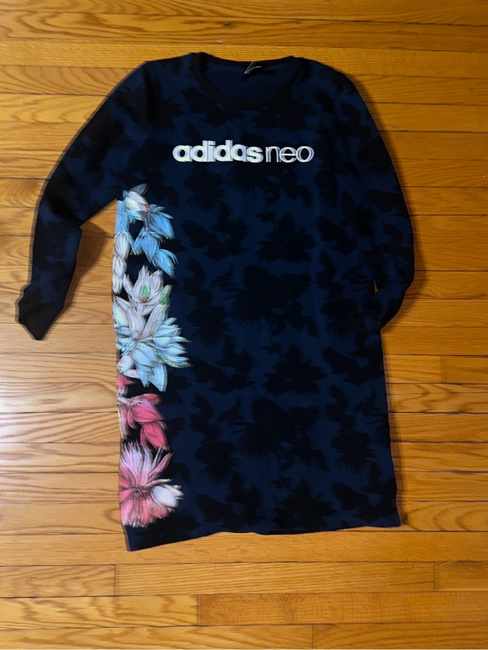 adidas navy floral-print sweatshirt dress with pastel side blooms